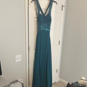 Night Way Collections Teal Sequin Empire Waist Gown